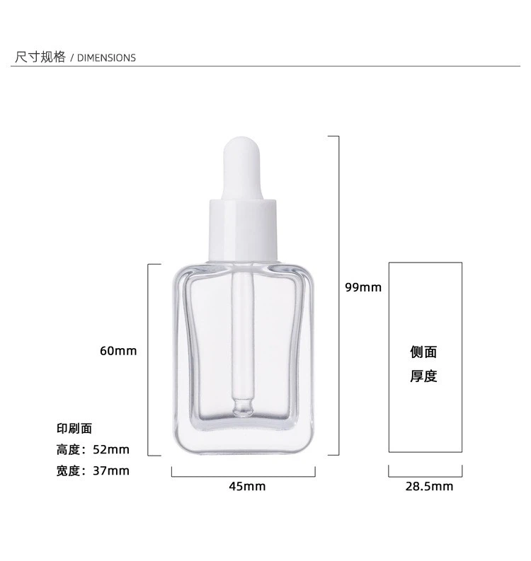 Sunshine New Arrival 30ml Luxury Transparent Flat Square Essential Oil Glass Bottle Glass Dropper Bottle Essential Oil Packaging